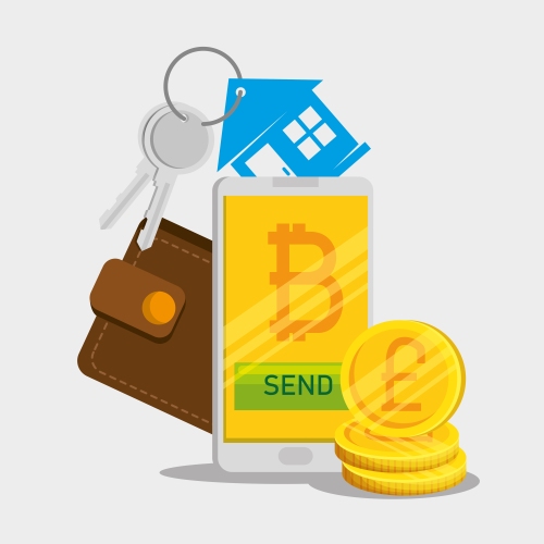 smartphone with bitcoin currency and wallet with house keys smartphone with bitcoin currency and wallet with house keys