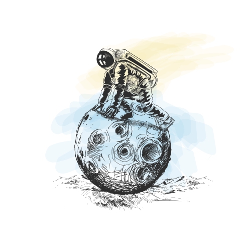 Astronauts sitting on Moon space mission, Hand Drawn Sketch Vect
