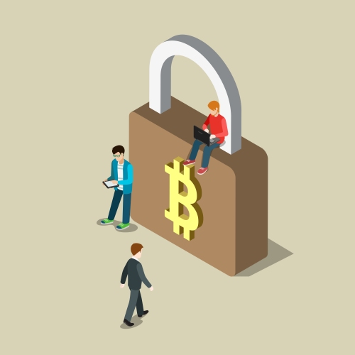 Flat 3d isometry isometric bitcoin security secure transaction payment concept web infographics vector illustration. Young hipster men on lock with bit coin sign. Creative bitcoins people collection. Flat 3d isometry isometric bitcoin security secure transaction payment concept web infographics vector illustration. Young hipster men on lock with bit coin sign. Creative bitcoins people collection.