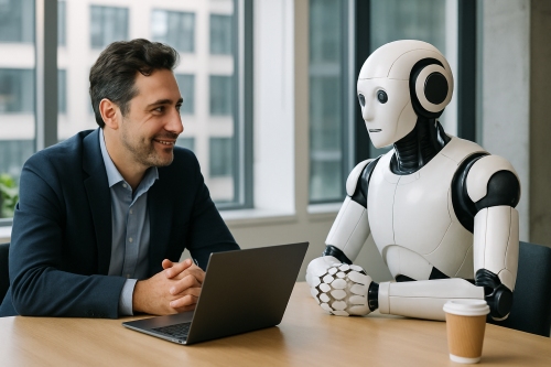 Person and AI driven robot converse