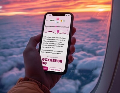 Image courtesy of GeniusCash via CNW Group Smartphone displaying the GeniusCash app interface held in front of an airplane window