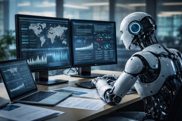 AI image robot analyzing financial data in office