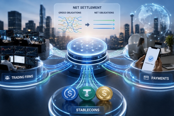 AI Image – digital clearing hub with net settlement flows