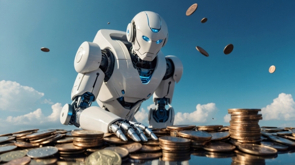 Freepik AI – Advanced technological robot interacting with money and finance
