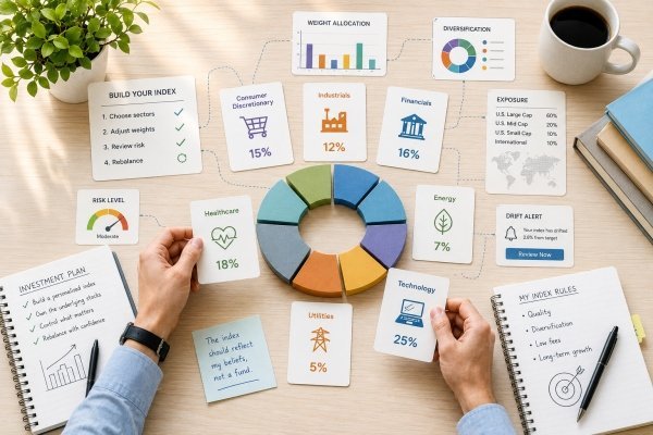 AI Image – DIY investor creating a custom index portfolio with sector weightings, diversification controls, and portfolio rebalancing tools