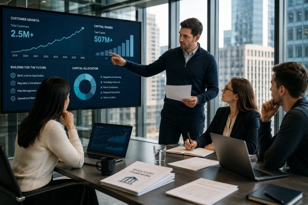AI Image – Fintech leadership team reviews customer growth, capital funding, and banking licence strategy