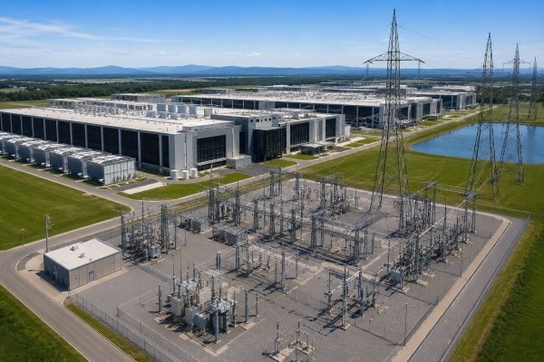 AI Image – Large scale data centre campus connected to power infrastructure
