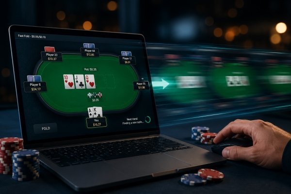 Player using a laptop to play fast fold online poker, with a digital poker table on screen, motion effects showing rapid table changes, and poker chips beside the computer, illustrating the speed and continuous action of fast fold poker.