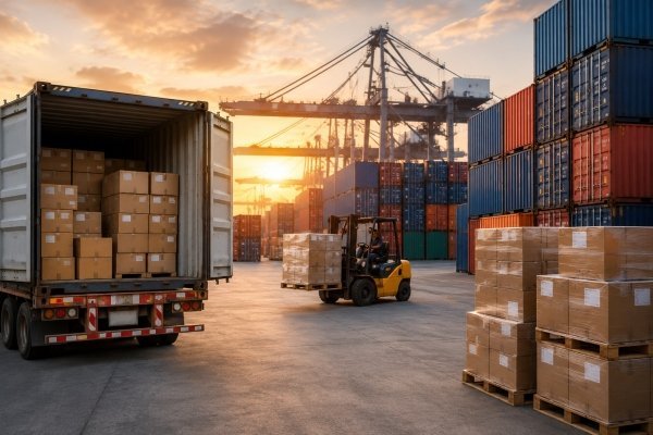 Shipping containers, inventory pallets, and a forklift in a retail distribution center supporting supply chain and logistics operations.