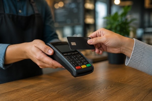 AI Image – Small business customer making a contactless card payment with a payment terminal