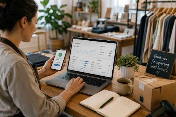 AI Image – Small business owner reviews payment, sales, and invoice data on a laptop and phone inside a retail shop