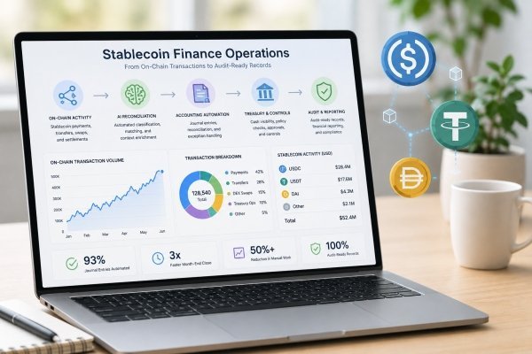 Stablecoin finance operations dashboard showing AI reconciliation, accounting automation, treasury controls, and audit-ready reporting for digital asset transactions.