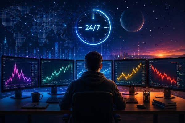 Trader analyzing synthetic indices on a multi screen trading workstation with 24/7 market access, volatility charts, funded account trading, and advanced prop firm strategies.