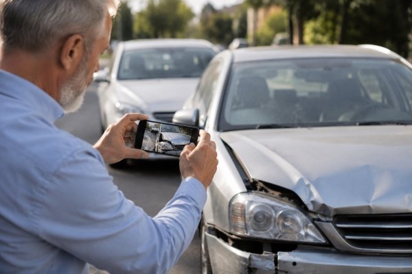 Man using his smartphone to photograph front end damage after a minor car accident, capturing images for an online insurance claim while standing beside the damaged vehicle on a residential street.