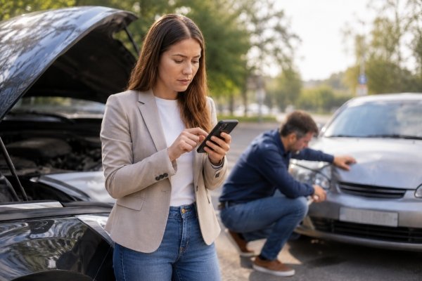Woman using her smartphone to complete and submit an online car insurance claim after a minor vehicle accident, standing beside her damaged car with the hood open while another driver inspects the other vehicle in the background.