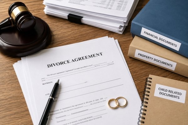 AI Image – Divorce paperwork, financial documents, wedding rings, and a judge’s gavel on a desk