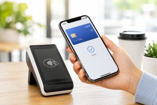 AI Image – Mobile banking app making a contactless payment at a POS terminal