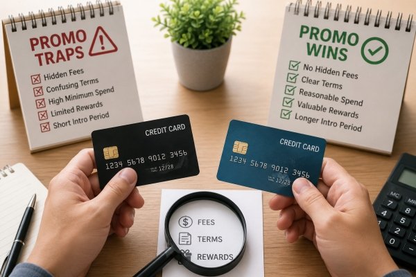 AI Image – Person comparing two credit card offers with a checklist highlighting promo traps and genuine rewards
