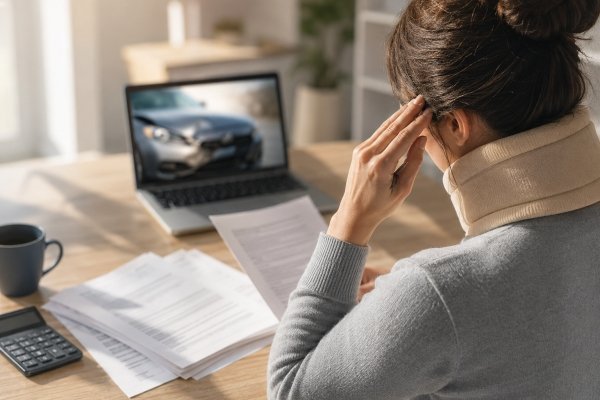 AI Image – Person reviewing accident claim paperwork at home after a car crash