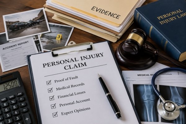 AI Image – Personal injury claim evidence including medical records, accident photos, legal documents, and a gavel