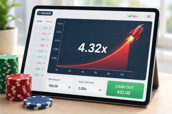 AI Image – Tablet displaying a crash game interface with an upward multiplier chart and rocket graphic