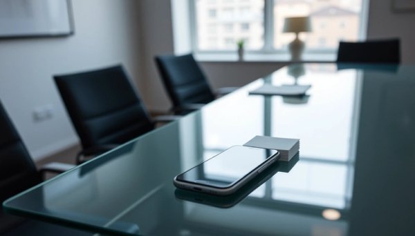 Empty meeting room with office supplies on table