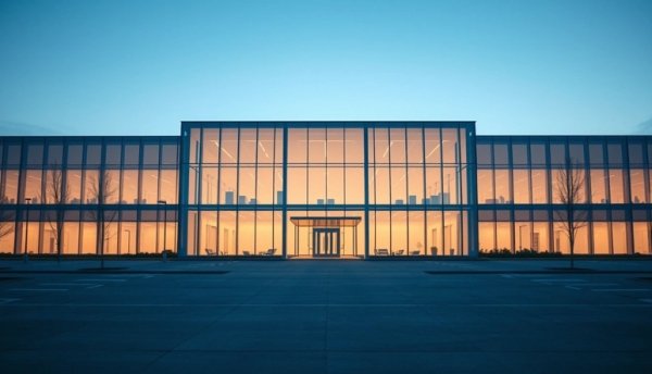 Large office building lit up at night