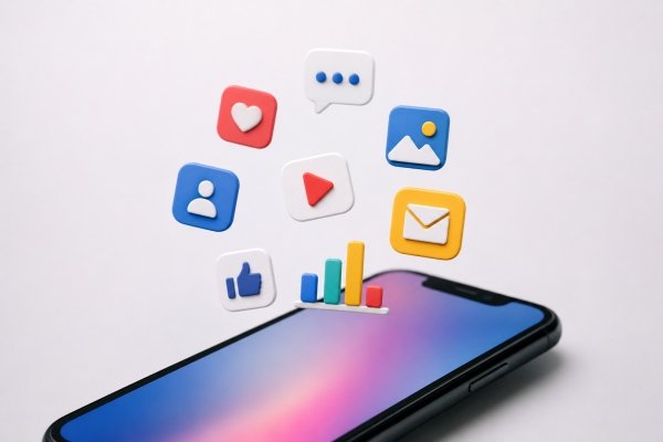AI Image – 3D smartphone with floating social media notification icons