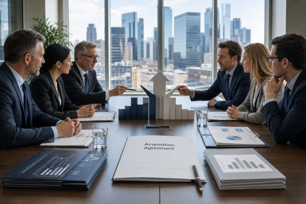 AI Image – Business leaders reviewing an acquisition agreement during a merger and acquisition negotiation in a corporate boardroom