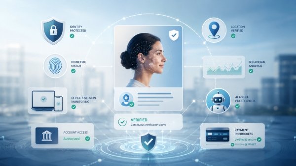 AI Image – Continuous digital identity verification infographic showing identity checks, location verification, AI agent controls and secure payments