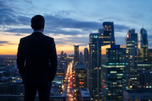 AI Image – Corporate transaction banking strategy with business executive overlooking a city financial district at dusk