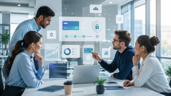 AI Image – Fintech software development team reviewing secure payment and financial technology dashboards