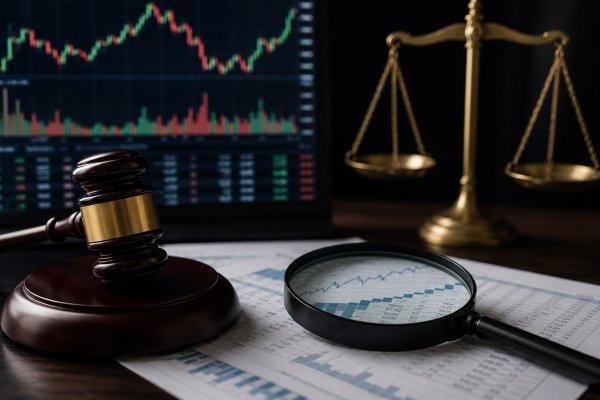 AI Image – Gavel and magnifying glass over trading charts, representing prediction market oversight