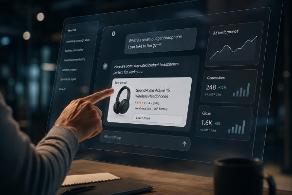 AI Image – Hand selecting a sponsored product in an AI chat interface
