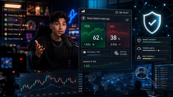AI Image – Livestream prediction market dashboard showing creator-driven betting and market integrity controls
