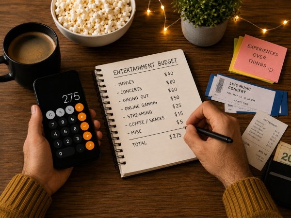 AI Image – Man planning an entertainment budget with a notebook, calculator, and online gaming costs