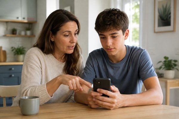 AI Image – Parent discussing smartphone use and online safety with teenage son