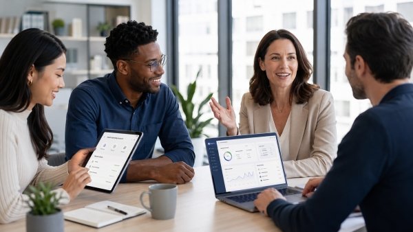 AI Image – Professionals meeting in a modern office while reviewing digital employee health benefits and health spending account tools on a tablet and laptop