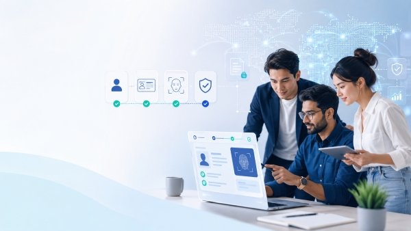 AI Image – Team reviewing KYC identity verification software dashboard with digital onboarding workflow for fintech startups