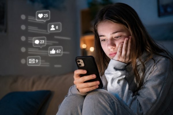 AI Image – Teen girl scrolling social media on smartphone