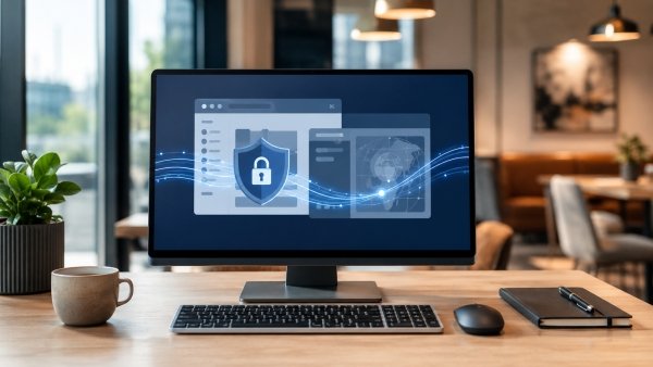 AI Image – Windows desktop showing VPN encrypted browsing with a security shield and protected data connection