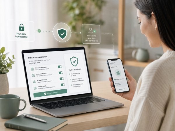 AI Image – Woman reviewing secure open banking data consent on laptop and phone