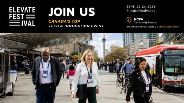 Elevate Festival 2026 delegates outside Meridian Hall in Toronto with Elevate event branding and September 22–24 dates