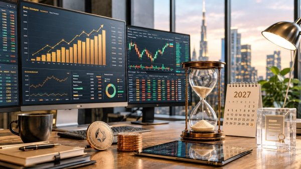 AI Imag – Crypto trading screens with hourglass and 2027 IPO timeline