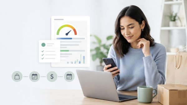 AI Image – Buy now pay later credit report review in Canada with woman shopping online