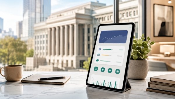 AI Image – Digital banking app dashboard with U.S. bank office view