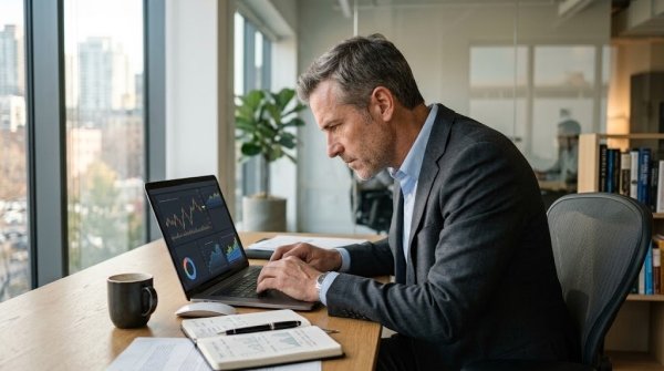AI Image – Financial advisor working on AI workflow automation and wealth management software on a laptop in a modern office
