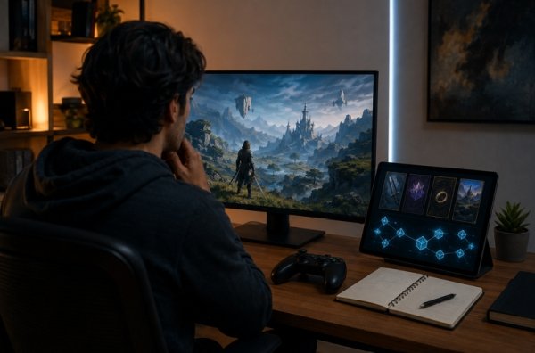 AI Image – Gamer evaluating Web3 gaming features, digital assets, and blockchain game economy on multiple screens
