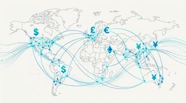 AI Image – Global cross-border payments network map showing interconnected digital currency nodes and international payout rails