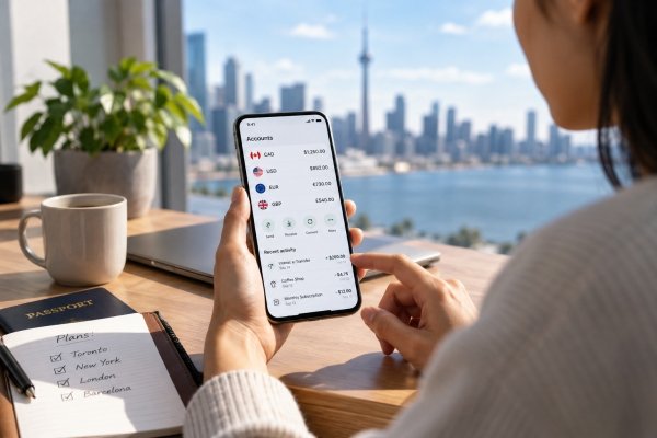 AI Image – Illustration of a Canadian consumer using a multi-currency fintech chequing account on a smartphone for everyday banking and Interac payments